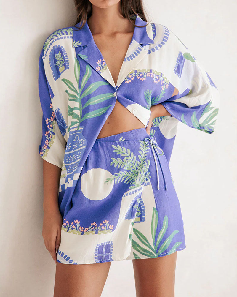 Moira - Holiday Print Shirt & Skirt Two-piece Set