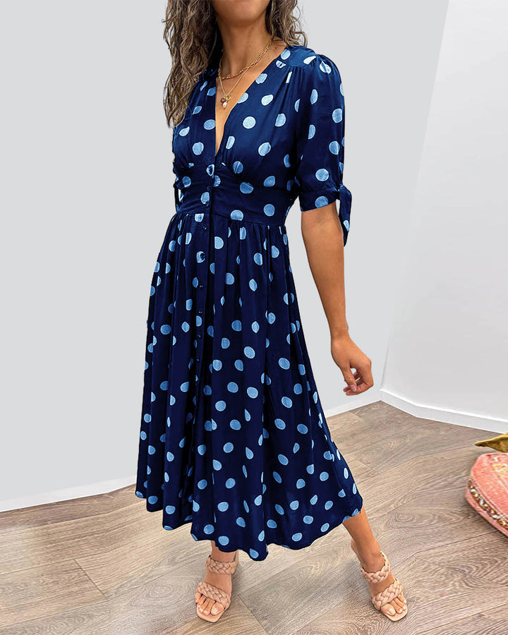 Idalia - Dress with deep V-neckline and polka dots