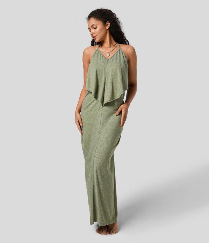 ויטוריה | V Neck Neck Band Back Ruched Maxi Resort Slip שמלת