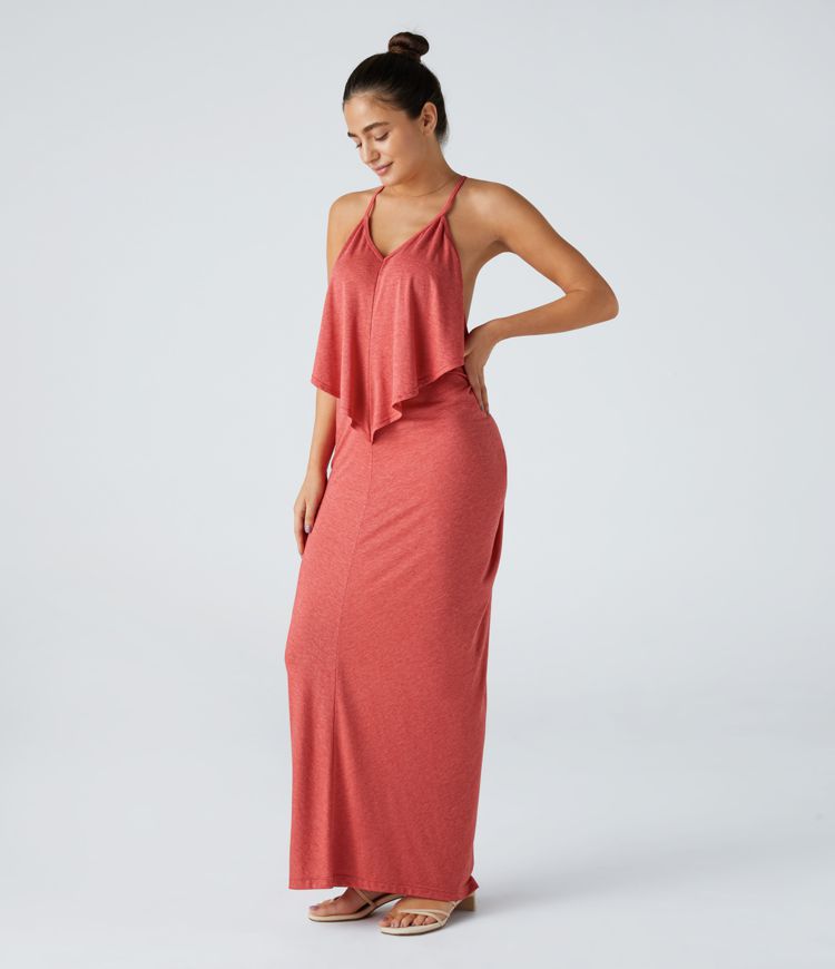 Vittoria | V Neck Backless Band Back Ruched Maxi Resort Slip Dress