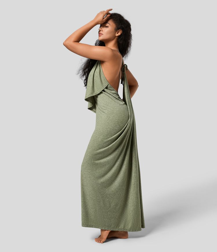 Vittoria | V Neck Backless Band Back Ruched Maxi Resort Slip Dress