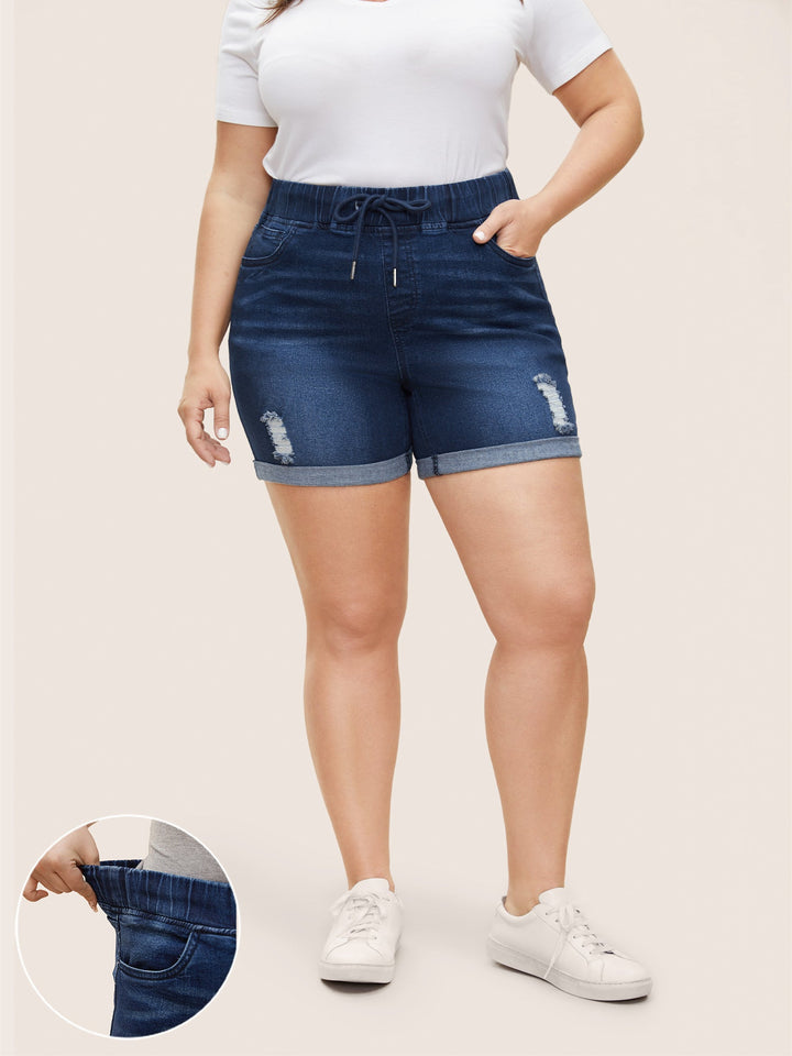 Jazz - Distressed rolled hem denim shorts with drawstring