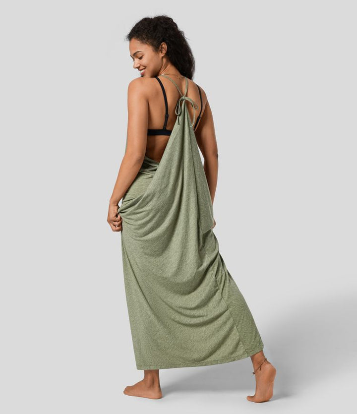 Vittoria | V Neck Backless Band Back Ruched Maxi Resort Slip Dress