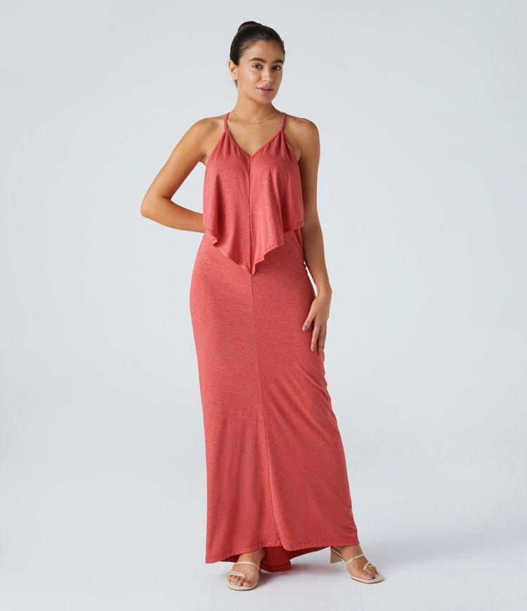 ויטוריה | V Neck Neck Band Back Ruched Maxi Resort Slip שמלת