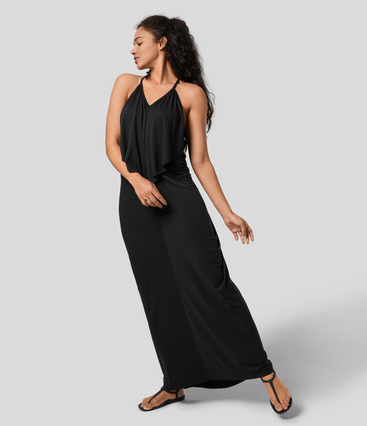 Vittoria | V Neck Backless Band Back Ruched Maxi Resort Slip Dress