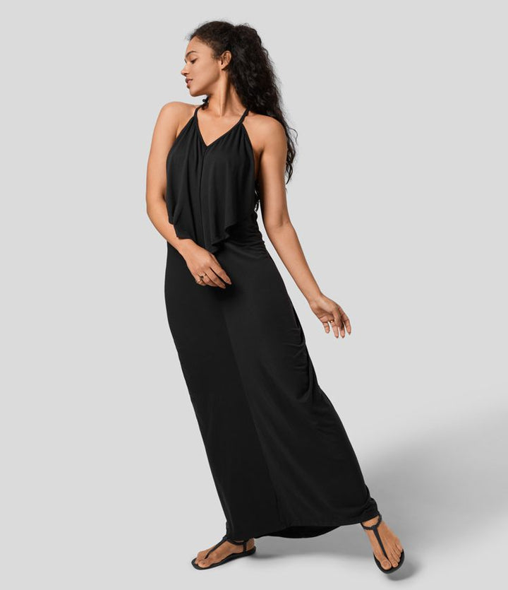 ויטוריה | V Neck Neck Band Back Ruched Maxi Resort Slip שמלת