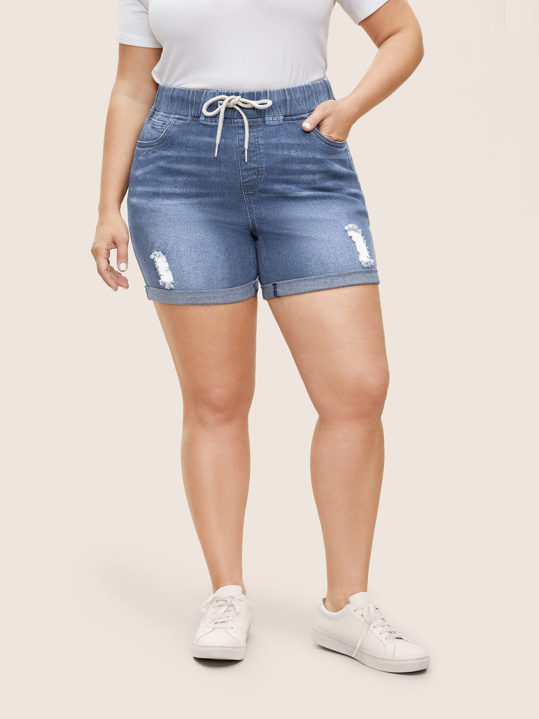 Jazz - Distressed rolled hem denim shorts with drawstring