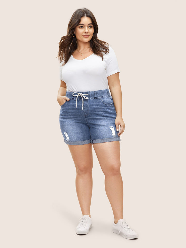 Jazz - Distressed rolled hem denim shorts with drawstring