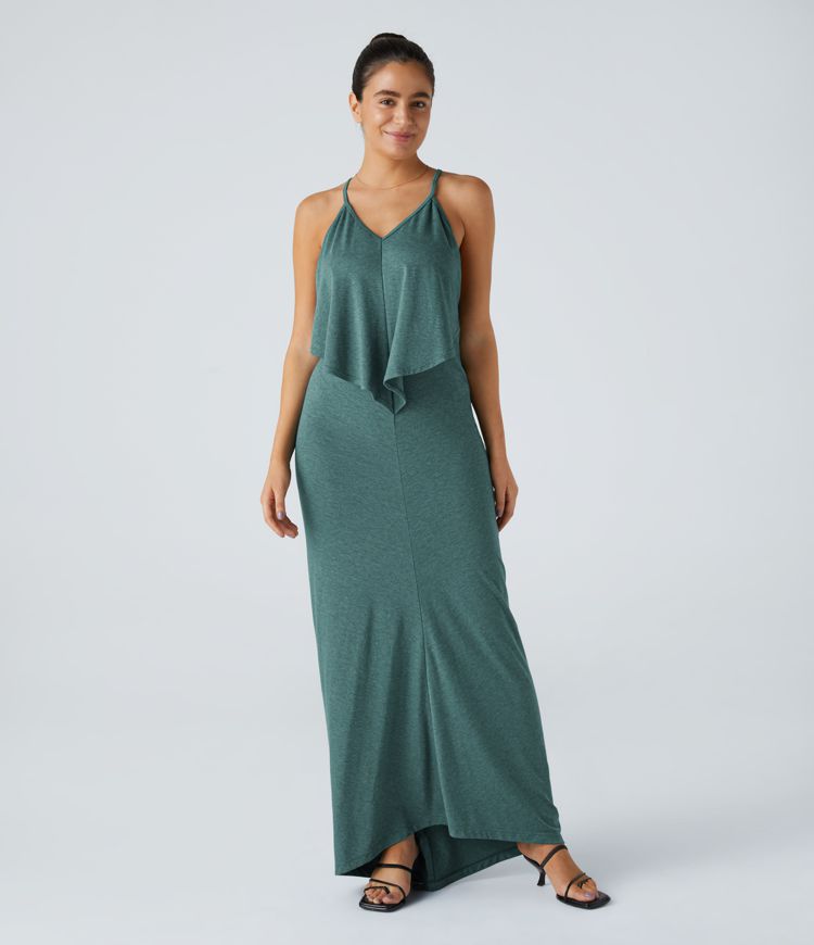 ויטוריה | V Neck Neck Band Back Ruched Maxi Resort Slip שמלת