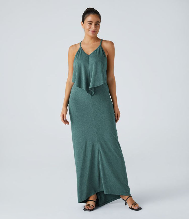 Vittoria | V Neck Backless Band Back Ruched Maxi Resort Slip Dress