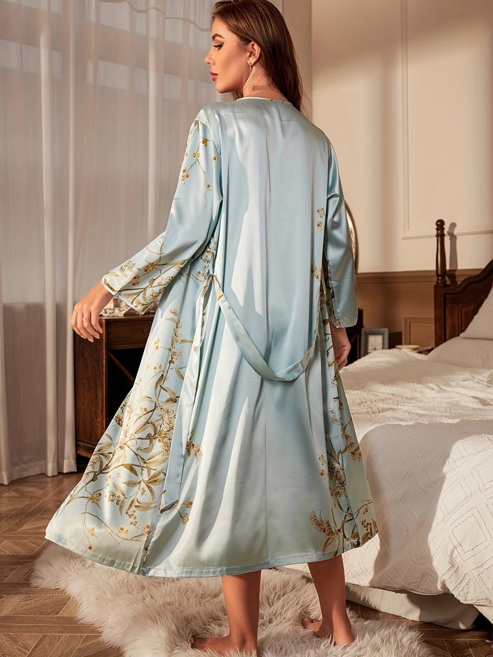 Emberlyn - Sexy Floral Print Pajama Set, Long Sleeve Open Front Robe & Draped V Neck Cami Dress, Women's Sleepwear & Loungewear