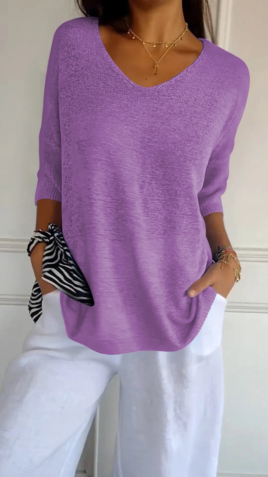 Solene™ plain knit sweater with V-neckline