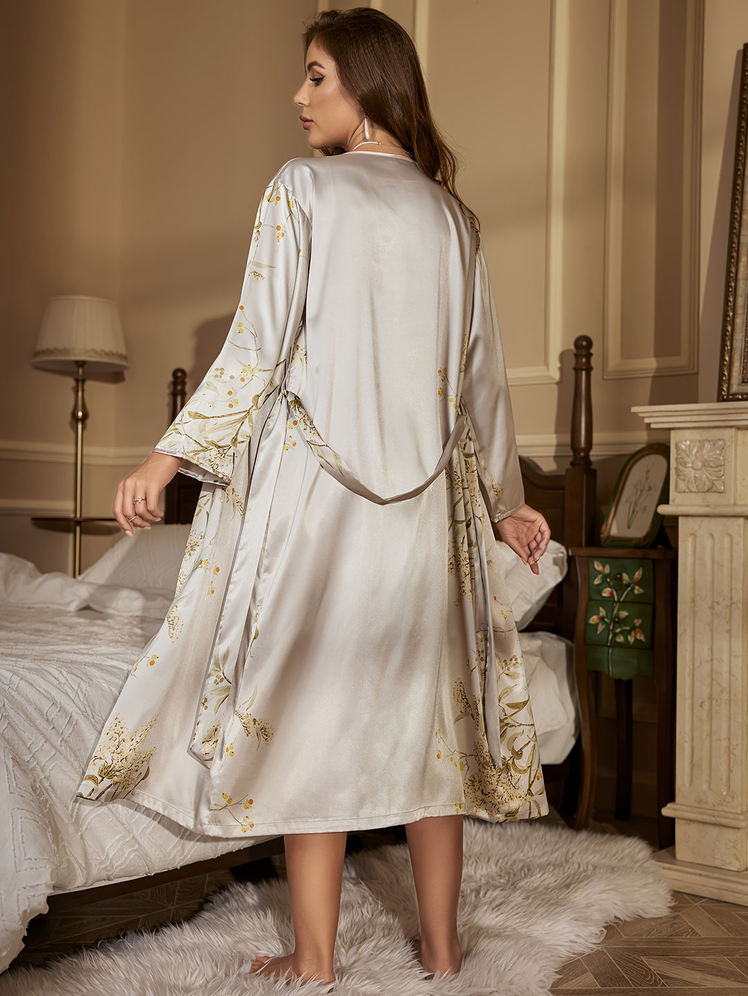 Emberlyn - Sexy Floral Print Pajama Set, Long Sleeve Open Front Robe & Draped V Neck Cami Dress, Women's Sleepwear & Loungewear